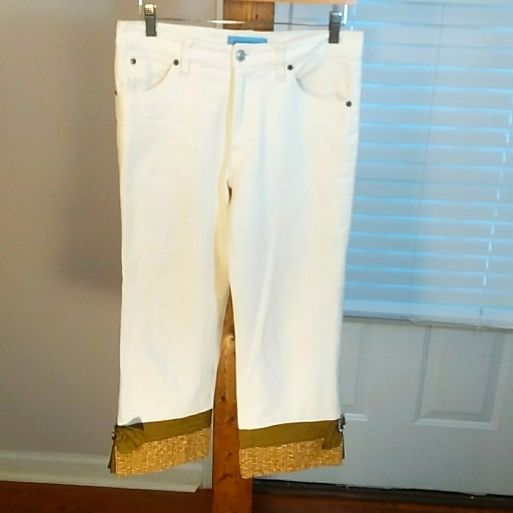 The Denim Tailor Boho Cream Capris Pants Size 8P Fabric Rhinestones Buckle